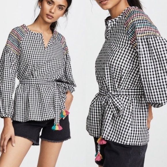 Madewell Tops - Madewell Smocked Gingham Tassel Blouse Tie Front